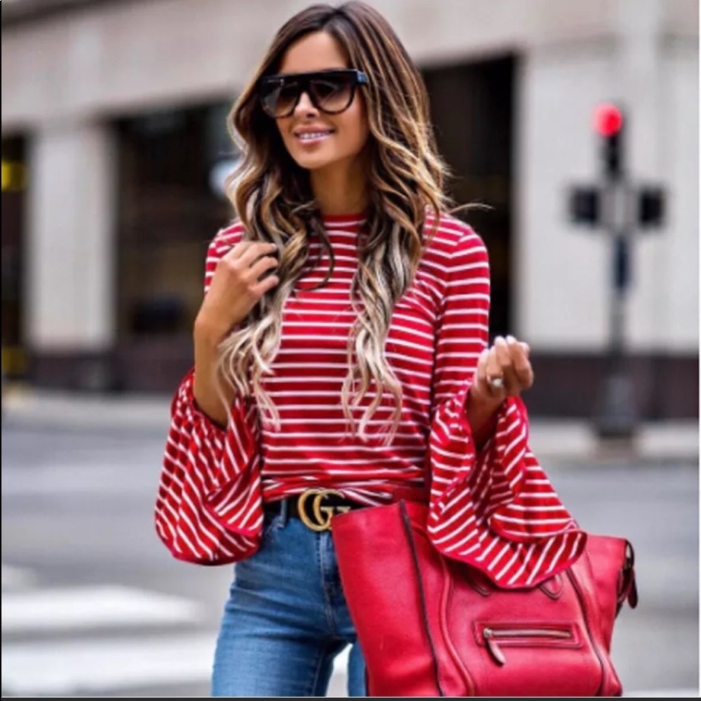 Red & White Bell Sleeve Top